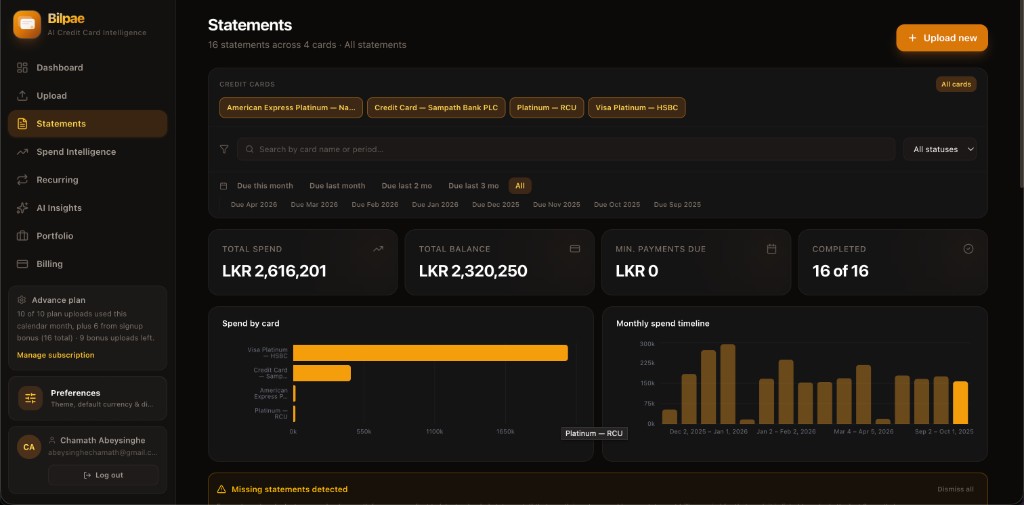 Statements view with card chips, summary metrics, spend-by-card chart, and monthly timeline